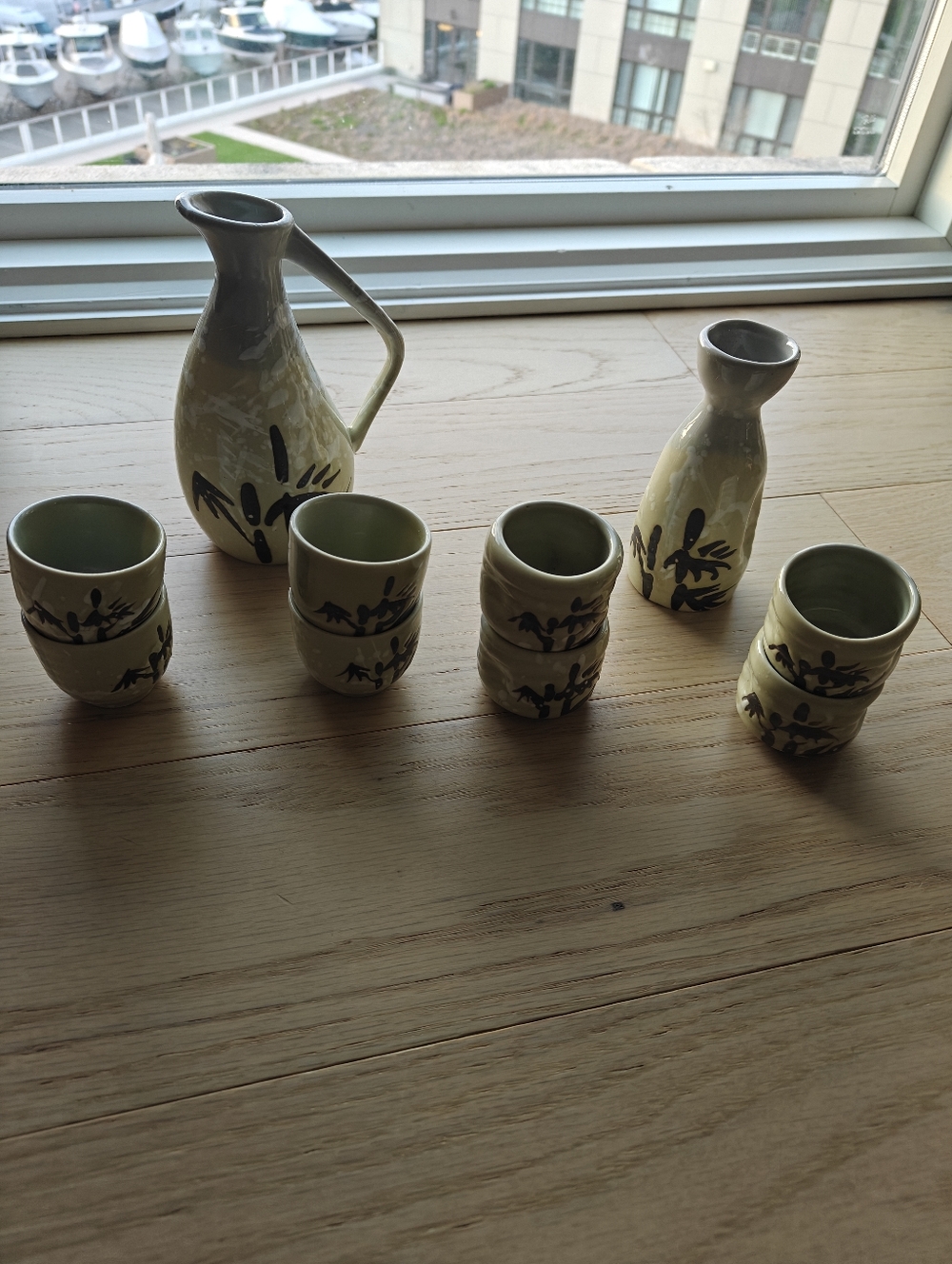 Hand-Painted Ceramic Sake Set in Tan with Black Motif